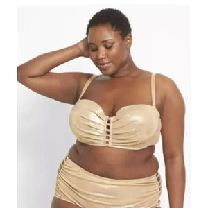 Cacique Underwire Ribbed Strappy Swim Bikini Top Gold Sparkle 44D NEW